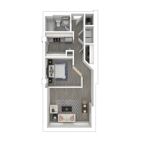 a stylized floor plan with a bedroom and a living room